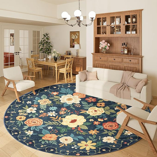 DUKINO Floral Round Rug, 6ft Washable Circle Rug, Non Slip Indoor Low Pile Circle Rug, Soft Small Boho Design Carpet for Bedroom, Entryway, Living Room, Dining Room, Dark Blue