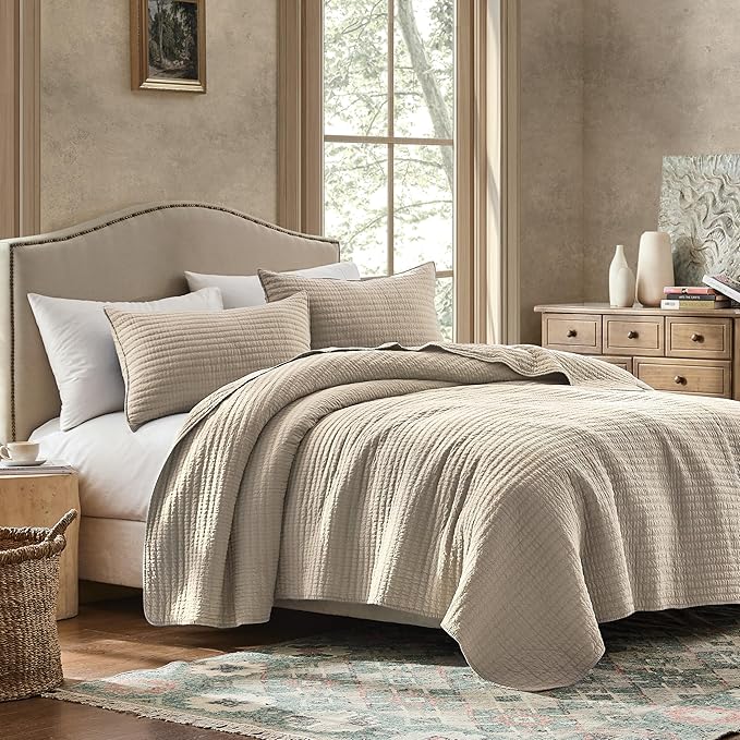 WDCOZY 100% Cotton Queen Size Quilt Set - Beige Neutral Striped Pick Stitch Soft Lightweight Bedspread, Textured Like Linen, Farmhouse Country Rustic Coverlet, Shabby Chic Gauze Bedding, 3 Pieces