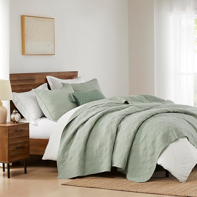 WDCOZY 100% Cotton Oversized King Quilt Set - Sage Green California Cal King Size Soft Lightweight Modern Bedspread, Farmhouse Country Rustic Coverlet, Textured Like Linen, Shabby Chic Bedding