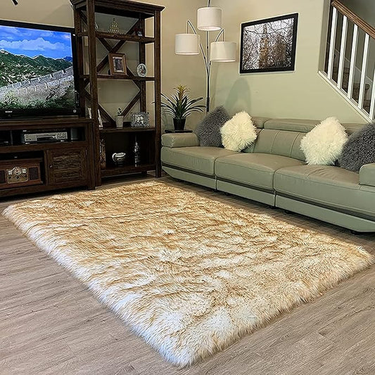 LAMBZY High Pile Super Soft Faux Sheepskin Rug (12'x15, White/Brown Tips)
