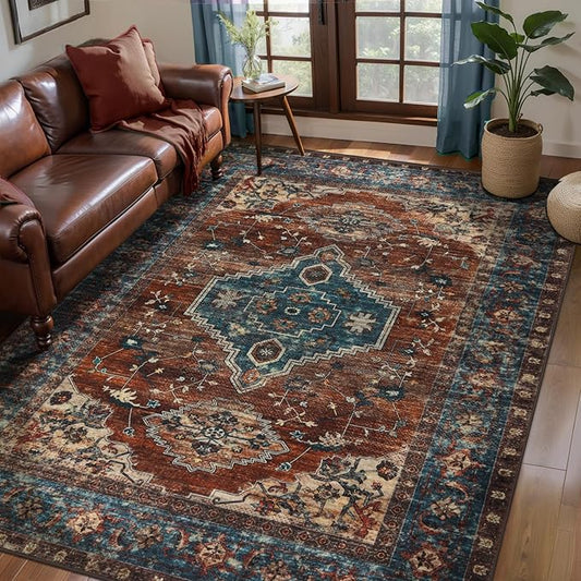 Tangsoo Washable Rug 4x6 Area Rug, Oriental Rug Indoor for Living Room, Non Slip Machine Washable Large Rugs, Soft Print Distressed Carpet for Bedroom Dining Room Dorm Office