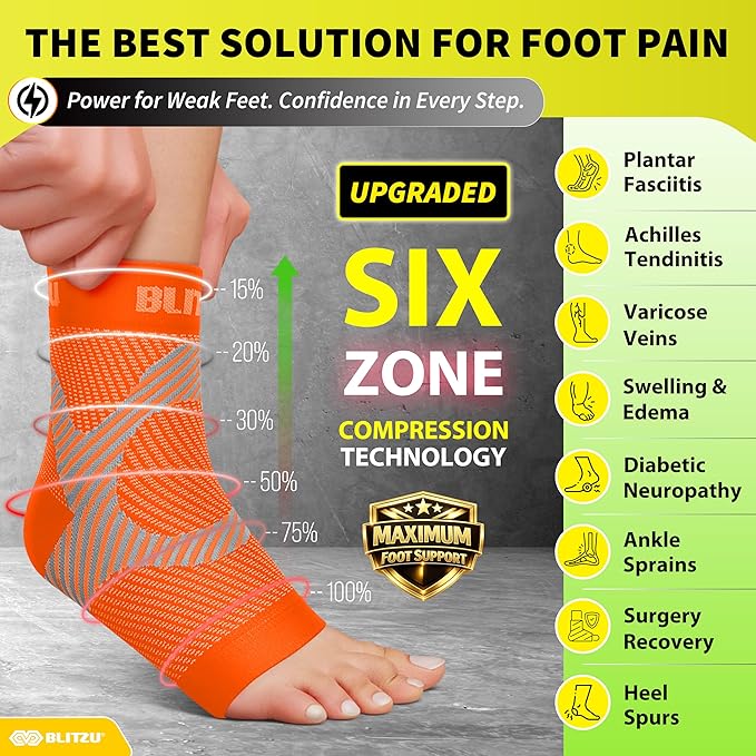 Compression Socks for Plantar Fasciitis, Achilles Tendonitis, Arthritis Relief, Ankle Brace Compression Sleeve with Foot Arch Support, Ankle Wrap for Women, Men, Swelling & Heel Pain Orange L-XL