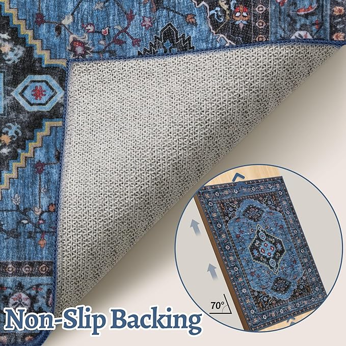 Tangsoo Blue 5x7 Area Rug Washable Rugs for Living Room, Oriental Indoor Non Slip Large Area Rugs, Vintage Print Carpet, Soft Low Pile Foldable Floor Rug for Bedroom Dining Room Dorm Blue/Black