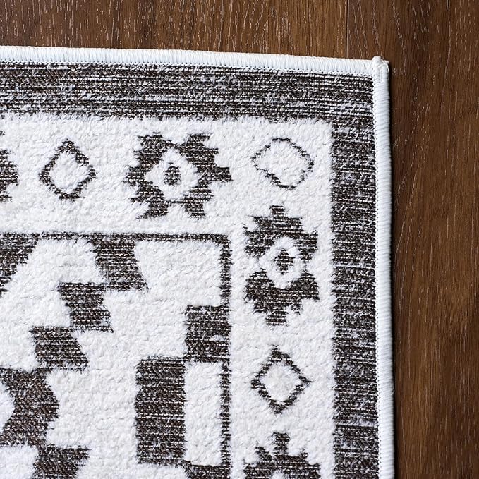 Moroccan Washable Runner Rug 2x8, Geometric Woven Area Rug, Farmhouse Boho Hallway Rug Runner, Non-Slip Soft Lightweight Throw Rug for Bedroom Living Room Laundry Kitchen, Dark Brown/White