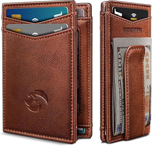 Housmai Magnetic Closure Slim Wallet with Money Clip Gift Boxed,Genuine Leather Front Pocket Wallet for Men, 3.9"x 2.10", RFID Blocking