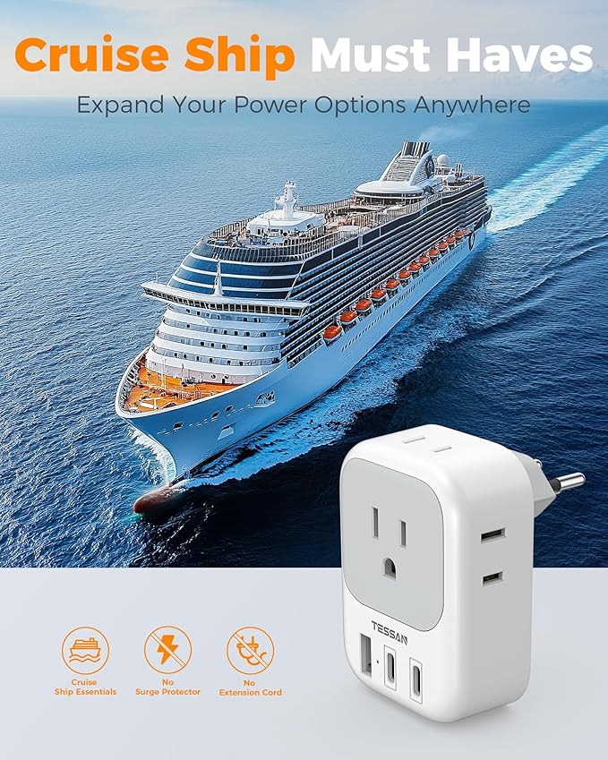 Switzerland Travel Plug Adapter 2 Pack, TESSAN Type J Switzerland Power Adapter with 4 Outlets 3 USB (2 USB-C), Swiss Plug for US to Rwanda Jordan Liechtenstein Madagascar, Travel Essentials