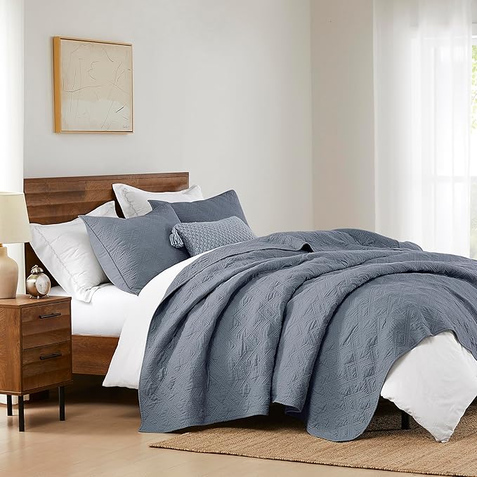 WDCOZY 100% Cotton Oversized King Quilt Set - Dusty Blue California Cal King Size Soft Lightweight Modern Bedspread, Farmhouse Country Rustic Coverlet, Textured Like Linen, Shabby Chic Bedding