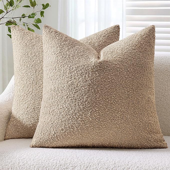 ANRODUO Pack of 2 Textured Boucle Throw Pillow Covers Soft Camel Decorative Accent Solid Pillow Cases Cozy Modern Couch Cushion Case for Chair Sofa Bedroom Living Room Home Decor, 18 x 18 Inch