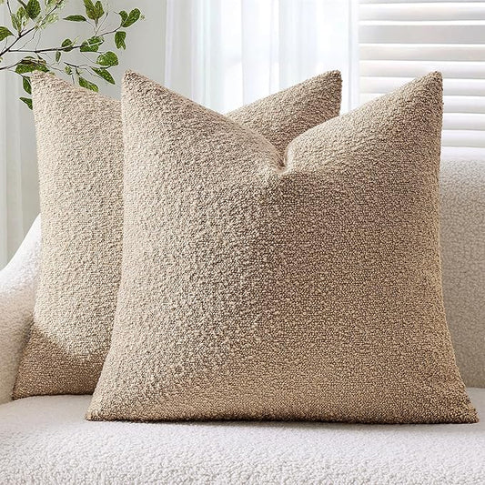 ANRODUO Pack of 2 Textured Boucle Throw Pillow Covers Soft Camel Euro Decorative Accent Solid Pillow Cases Cozy Modern Couch Cushion Case for Chair Sofa Bedroom Living Room Home Decor, 22 x 22 Inch