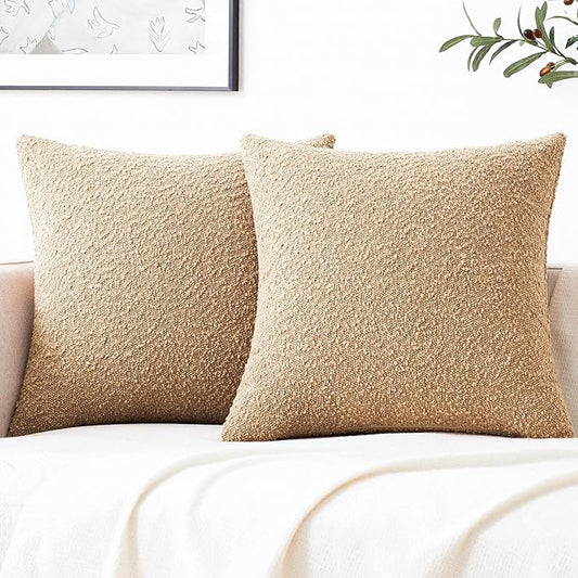 Mixhug Decorative Boucle Throw Pillow Covers, Camel, 18 x 18 Inches, Pack of 2 - Textured Boho Pillow Covers for Couch and Bed