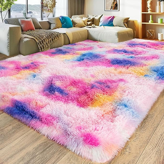 Large 9x12 Area Rugs for Living Room, Ultra Soft Shag Living Room Rug Thick Fluffy Rug for Bedroom, Plush Fuzzy Carpet for Girls Boys Kids Room Non Slip Dorm Rugs for Home Decor Aesthetic Dark Rainbow