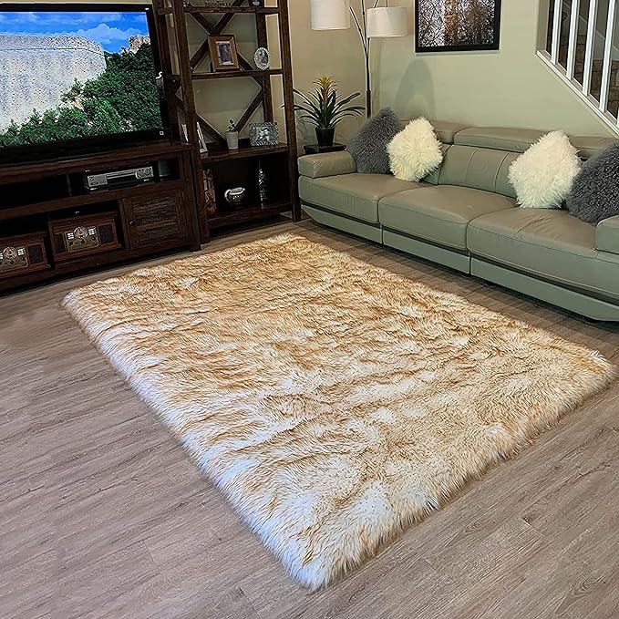 LAMBZY High Pile Super Soft Faux Sheepskin Rug (4'x6', White/Brown Tips)