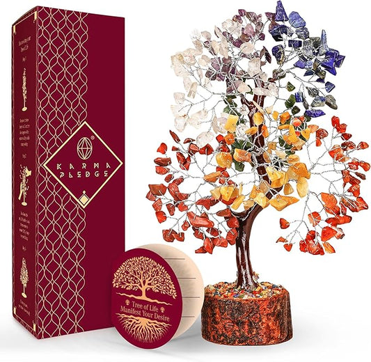 KARMAPLEDGE 7 Chakra Healing Crystal Tree of Life with Manifestation Card, Handmade Silver Wire Crystal Tree for Good Luck, Positive Energy, Wealth, Reiki Healing, and Decor, Gift for Women and Mom