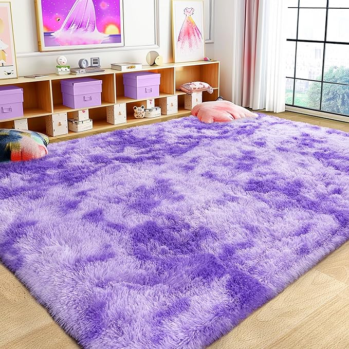 8x10 Large Area Rugs for Living Room, Ultra Fluffy Shag Rug for Bedroom, Modern Plush Soft Carpet for Girls Boys Kids Room Dorm Fuzzy Non Slip Rug for Home Decor Aesthetic, Tie-Dyed Purple