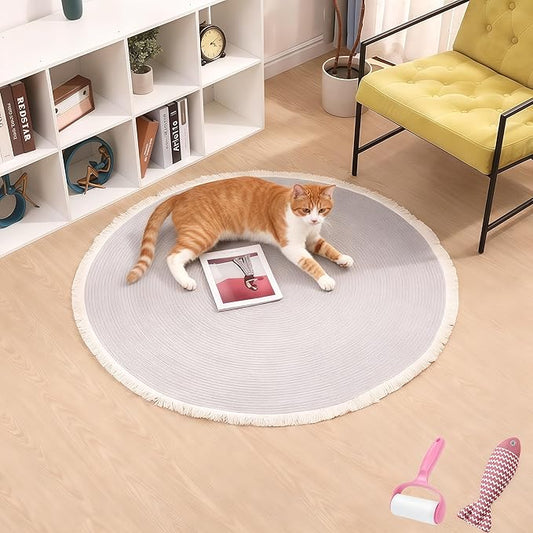 Cotton Rope Area Rug for Cats, Cat Scratching Rug, Washable Round Vintage Reversible Woven Tassel Rug, Soft and Stylish Home Accent, Easy Clean, Multiple Sizes (Gray, 40" (100cm))