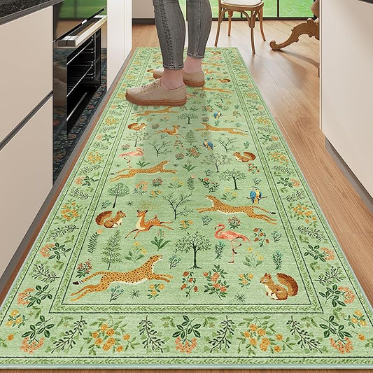 DUKINO 2.6x8 Rug for Hallway, Washable Kitchen Runner Rug with Non Slip Backing, Soft Low Pile Vintage Animal Runner for Bedroom, Kitchen, Hallway, Entryway, Laundry, Light Green