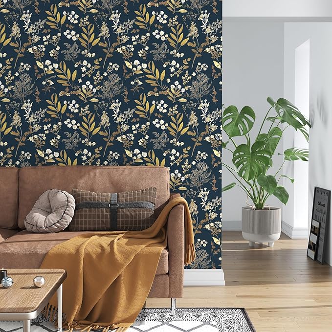 Dark Blue Leaf Wallpaper Peel and Stick Dark Blue Floral Wallpaper for Bedroom Vintage Leaf Contact Paper Waterproof Self Adhesive Boho Floral Wall Paper for Bedroom Walls Countertop 17.5in x 197in