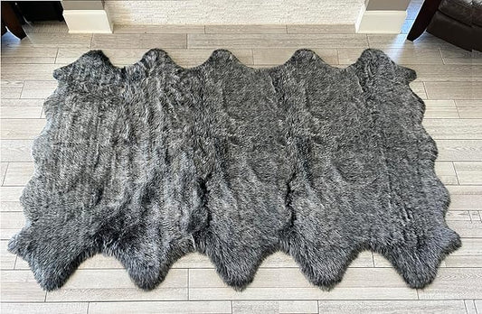 Free Shape Luxury Soft Fluffy Shag Area Rug Decto 10 Pelts 6'x10', 180x300cm - Vegan Fur Ultra Soft Indoor Carpet Nursery Rugs for Bedroom Home Decor, Black with White Tips