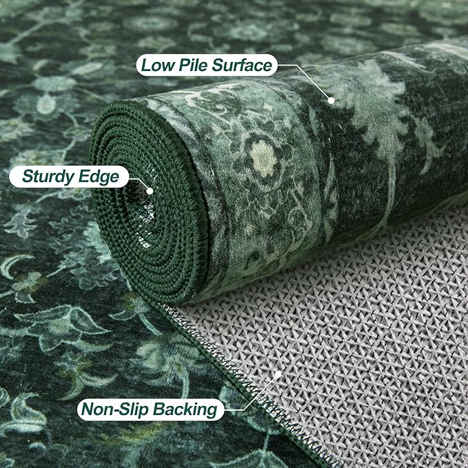 Tangsoo Green 2.6x8 Long Runner Rug Non Slip for Hallway, Washable Vintage Floral Boho Rug Runner for Kitchen Bathroom, Low Pile Carpet Door Mat Indoor Entrance for Bedroom Laundry Pet&Kids Friendly