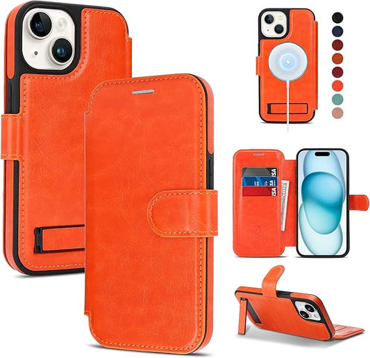 CIVICASE for iPhone 13/iPhone 14 Wallet Case with Stand,PU Leather Flip Credit Card Holder Slots (RFID Blocking),Compatible with Magsafe Magnetic Holder Phone Cover Women Men,Orange
