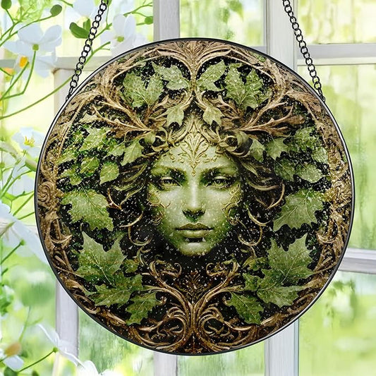 Green Man Stained Glass Suncatcher, Stained Glass Window Hanging, 8 Inch Window Decor Hanging, Gift for Garden Lovers, Mothers Day Birthday Gifts for Mom Grandma Women Sister Wife Lady Lover