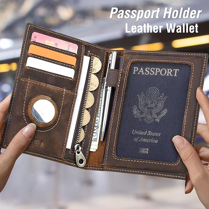 Top Grain Leather Single Travel Passport Wallet Embossing Badge for Unisex, Folio Design for Passport & Multi Cards, RFID Blocking for Passport/Cards/Checks/Bills/AirTag, Coffee Default, DE