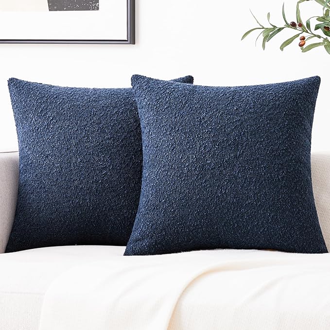 Mixhug Decorative Boucle Throw Pillow Covers, Midnight Blue, 18 x 18 Inches, Pack of 2 - Textured Boho Pillow Covers for Couch and Bed