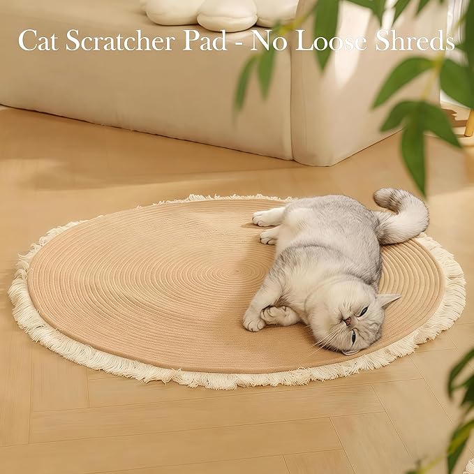 Cotton Rope Area Rug for Cats, Cat Scratching Rug, Washable Round Vintage Reversible Woven Tassel Rug, Soft and Stylish Home Accent, Easy Clean, Multiple Sizes (Off-White, 47" (120cm))