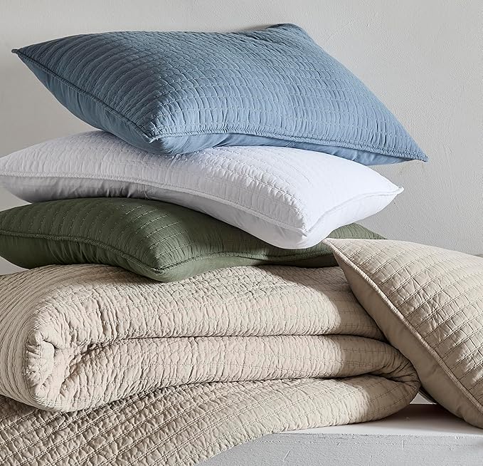 WDCOZY 100% Cotton Twin Size Quilt Set - Navy Blue Striped Pick Stitch Soft Lightweight Bedspread, Textured Like Linen, Farmhouse Country Rustic Coverlet, Shabby Chic Gauze Bedding, 2 Pieces