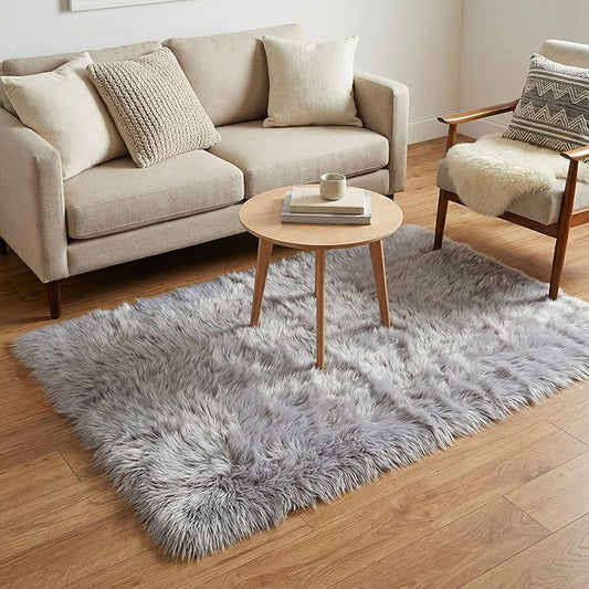 3 x 5 ft Fluffy Gray Rug – Cozy Faux Fur Rug for Bedroom, Living Room, or Nursery – Soft Faux Sheepskin Decor Accent