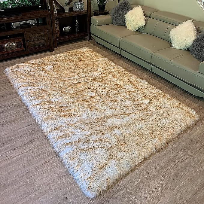 LAMBZY High Pile Super Soft Faux Sheepskin Rug (12'x15, White/Brown Tips)