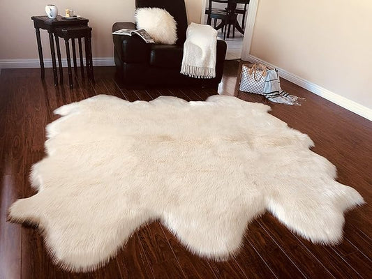 Free Shape Luxury Soft Fluffy Shag Area Rug Sexto 6 Pelts 6'x6',180x180 cm - Vegan Fur Ultra Soft Indoor Carpet Nursery Rugs for Bedroom Home Decor, White