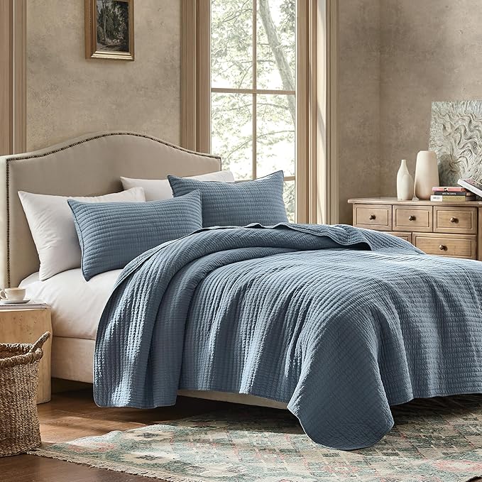 WDCOZY 100% Cotton Twin Size Quilt Set - Blue Striped Pick Stitch Soft Lightweight Bedspread, Textured Like Linen, Farmhouse Country Rustic Coverlet, Shabby Chic Gauze Bedding, 2 Pieces