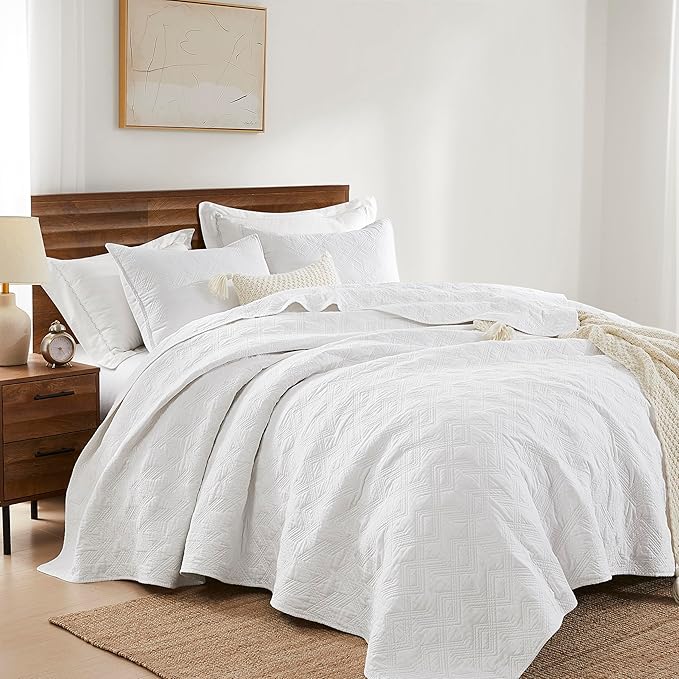 WDCOZY 100% Cotton Twin Size Quilt Set - White Pre-Washed Soft Lightweight Modern Bedspread, Farmhouse Country Rustic Coverlet, Textured Like Linen, Shabby Chic Gauze Bedding, 2 Pieces