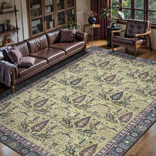 Tangsoo 5x7 Washable Area Rug for Living Room,Non Slip Vintage Boho Purple Floral Indoor Rug for Bedroom Office, Soft Low Pile Foldable Floor Rugs for Dining Room Nursery Home Decor