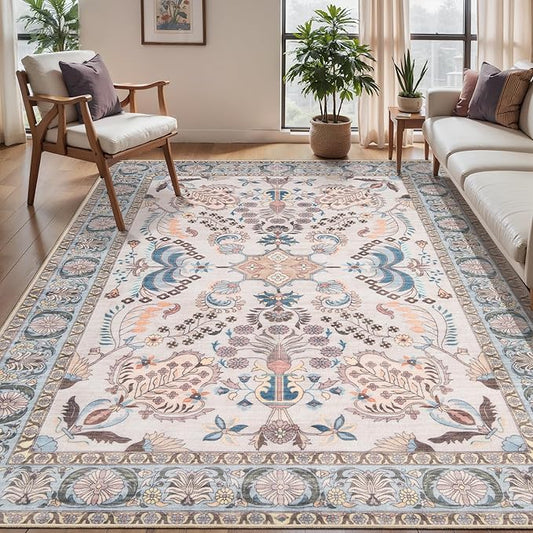 Tangsoo 5x7 Washable Area Rug, Non Slip Boho Floral Rug for Living Room Bedroom, Vintage Neutral Soft Low Pile Floor Indoor Carpet for Bathroom Office Laundry Kid & Pets Friendly Home Decor