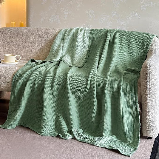 FALUCA Cotton Muslin Reversible Blanket King Size for Bed, Couch, Four Layers Blanket, Soft Lightweight Cozy Breathable Farmhouse Decoration for All-Season, Light Green