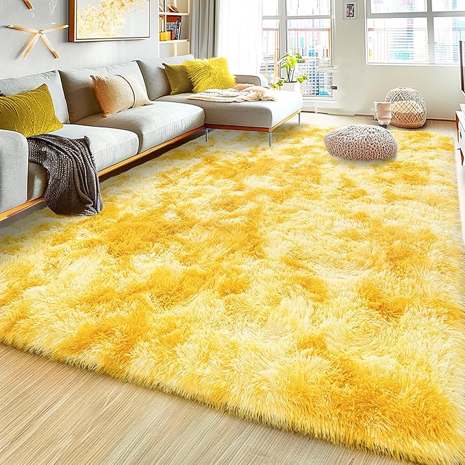 Ultra Fluffy Area Rugs for Living Room Bedroom, 6x9 Fuzzy Large Living Room Rugs, Thick Shag Rug for Dorm, Soft Non Slip Kids Girls Boys Rug for Home Decor Aesthetic, Tie-Dyed Yellow