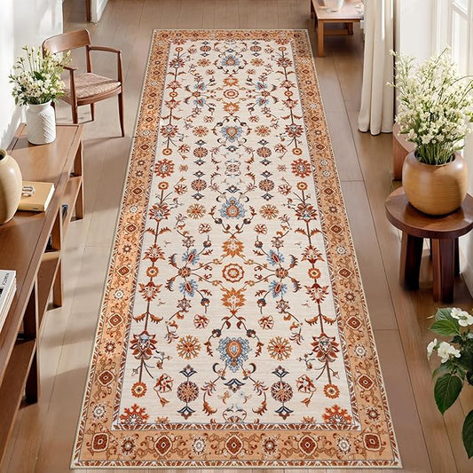 Tangsoo Washable Runner Rug for Hallway Non Slip, 2.6x8 Boho Floral Vintage Carpet Runner Rugs for Entryway, Floor Low Pile Runners for Kitchen Bathroom Laundry Bedroom Alfombra Orange Farmhouse