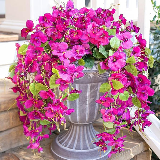 Fake Hibiscus Artificial Hanging Flowers Plants for Outdoors Spring Decoration, 4pcs Silk Hibiscus Vines Realistic UV Resistant Faux Flowers for Outside Planter Porch Patio Yard Wedding Party, Fuchsia