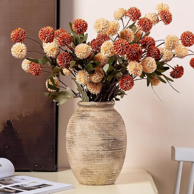 Rustic Ceramic Flower Vase - 8in Vintage erracotta Vase for Home Decor - Christmas Decorative TFlower Bud Vases, Mondern Farmhouse Vase - Living Room Shelf Decor Table, Lyeec