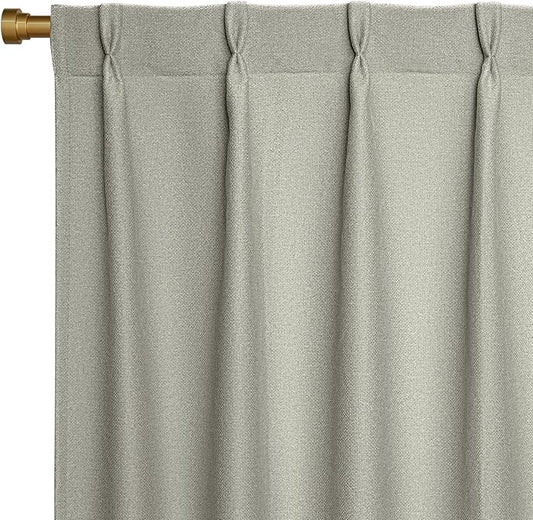Joydeco Greyish White Pinch Pleated Thick Linen Curtains 96 Inch Long 2 Panel Set for Living Room, Double-Faced Curtain for Bedroom, Back Tab Blackout Drapes with Adjustable Hooks (40”W x96”L)