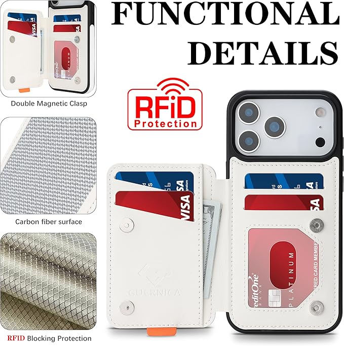 GUERNICA for iPhone 17 Pro Max (6.9") Case Wallet with Card Holder, RFID Blocking Leather Protection, Shockproof Women Men Phone Case for Apple 17 Pro Max, A - Silver White