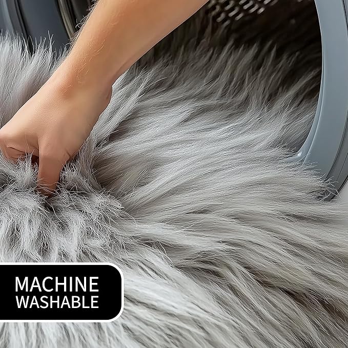 5 ft Round Fluffy Gray Rug – Plush Faux Fur Rug for Bedroom, Living Room, or Nursery – Cozy Faux Sheepskin Home Decor