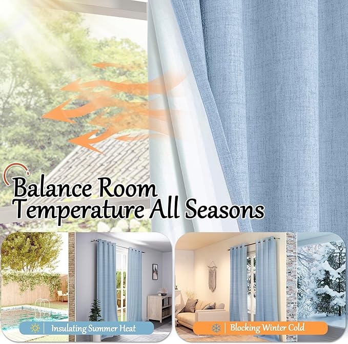 Lajode Blue Linen Blackout Curtains for Kids Bedroom Nursery 84 Inch Length 2 Panels, Thermal Insulated Full Room Darkening Noise Reducing Privacy Window Curtains for Boy Room, Each 52 Inch Wide