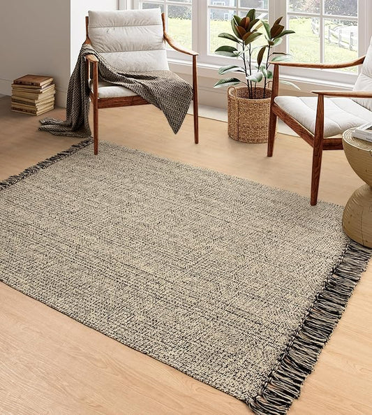 Collive 4x6 Area Rug, Natural/Black Woven Cotton Washable Modern Bedroom Rugs, Boho Dining Room Door Rug Carpet with Tassel for Living Room Nursery Room Office, Outdoor Rug for Patio Hallway Decor
