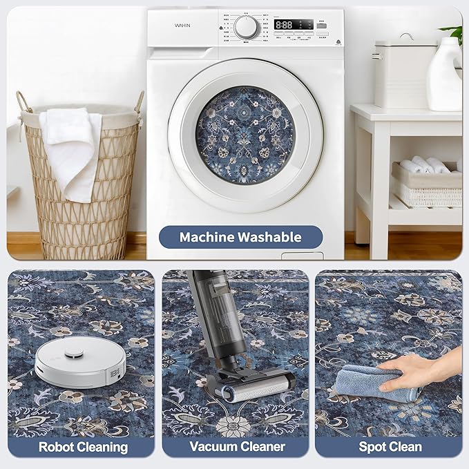 Tangsoo Washable Runner Rug for Hallway Non Slip, 2x5 Boho Floral Vintage Carpet Runner Rugs for Entryway, Floor Soft Low Pile Runners for Kitchen Bathroom Laundry Bedroom Alfombra Blue Farmhouse
