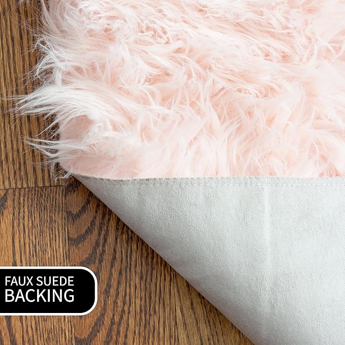 Super Area Rugs Ultra Soft & Fluffy Faux Sheepskin Rug, Light Pink 2 x 4 Feet Sheepskin Carpet for Bedroom Living Room