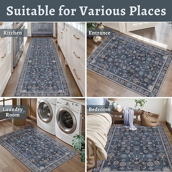 Tangsoo Vintage Round Rug 4ft Washable Circle Rug, Non Slip Small Boho Blue Round Rug, Low Pile Floral Circular Rugs, Machine Washable Round Carpet for Bedroom,Entryway,Nursery,Dorm,Kitchen,Office