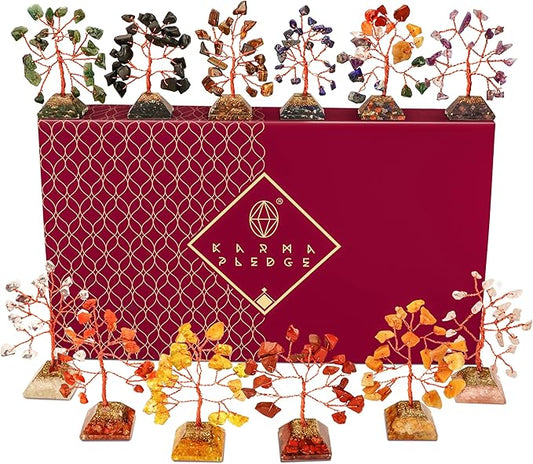 KARMAPLEDGE Set of 12 Crystal Tree of Life Gifts for Women, Seven Chakra Healing Crystals Brings Positive Energy, Good Luck, Money, Feng Shui Home & Office Desk Decor, for Dad